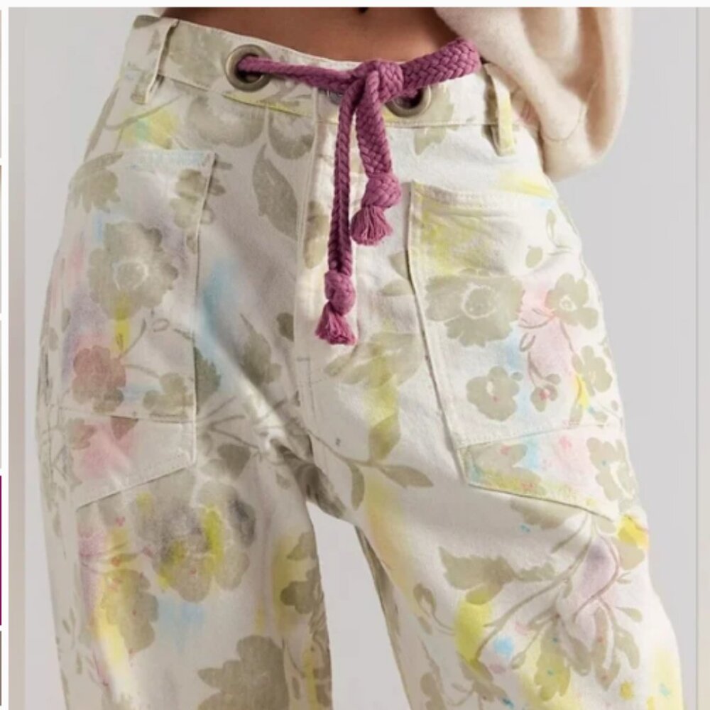 NWT "32" We The Free Moxie Printed Flocked Barrel Jeans